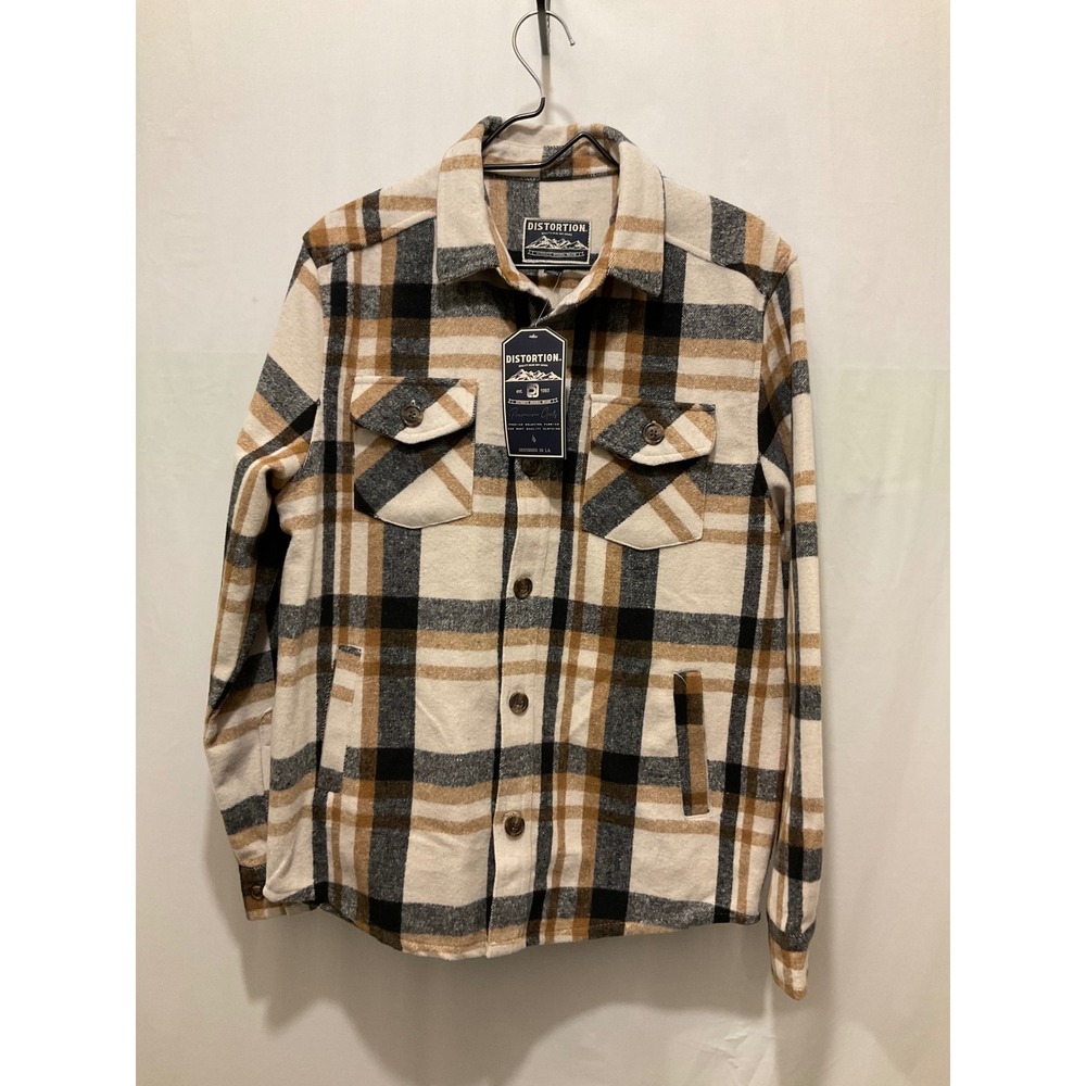Distortion Mens Plaid Flannel Shirt Jacket Tan Black Cream Button Up‎ Small NEW